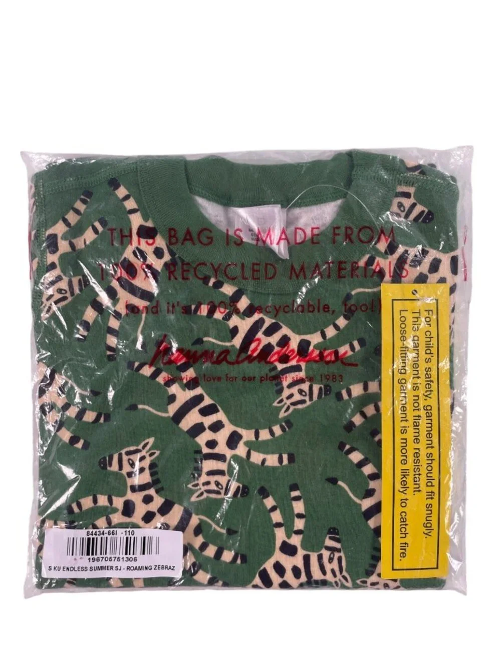 Hanna Andersson Kids 2-Piece Pajama SET Green Zebra Organic Cotton Kids Sz 5 NEW